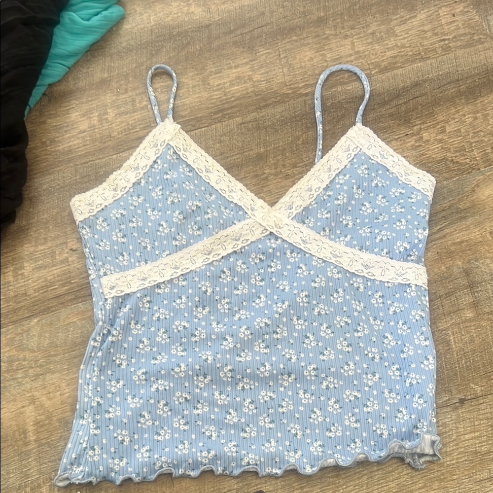 Blue Floral Lace Trim Women's Top